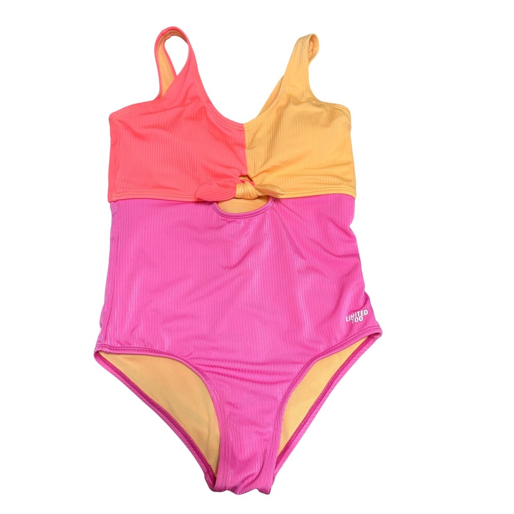 Limited Too Girls L 12/14 One Piece Swimsuit Pink Orange Colorblock Ribbed Tie